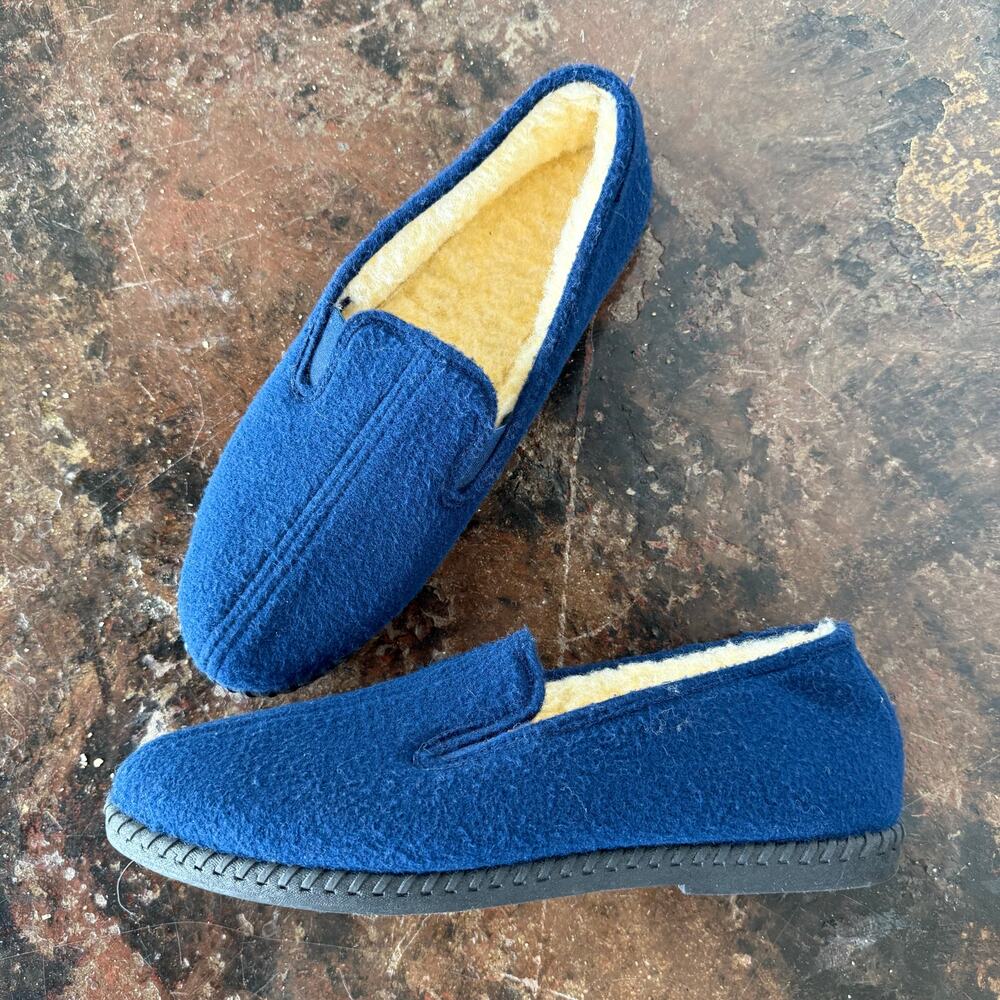 Vtg Slippers Wool Felt Blue Men 9 Made in USA Sherpa Lined House Shoes Unisex